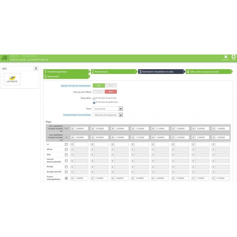 Frais de port la poste (FR, International, Outre Mer) - PrestaShop Addons