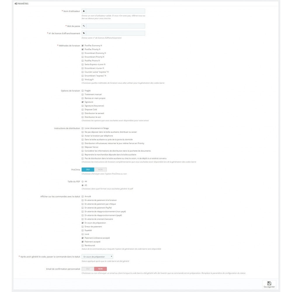 Module Poste Suisse Webservice Code à Barres étiquettes